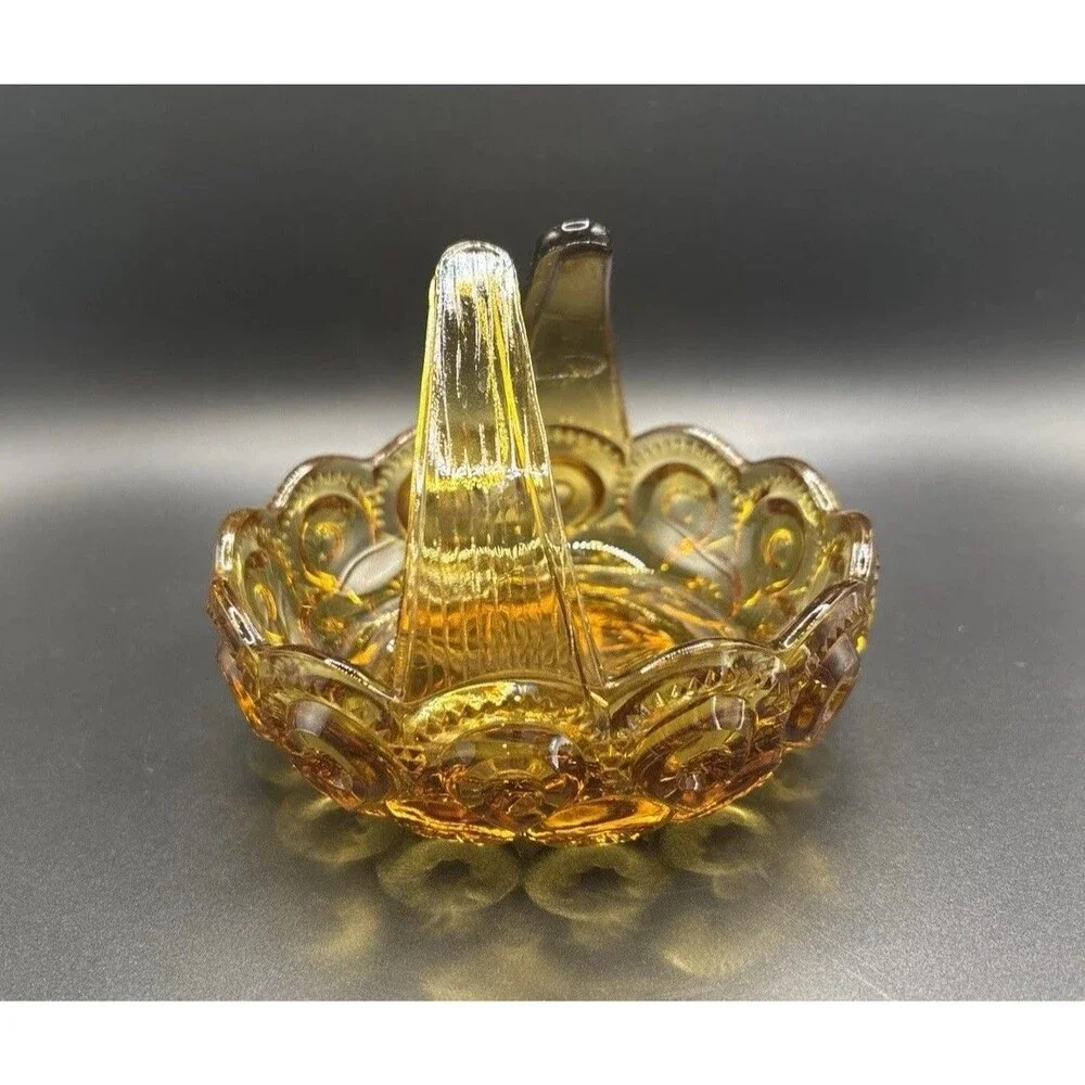 MOON & STARS L.E. Smith Amber Split Handle VTG Candy / Trinket Dish 5”